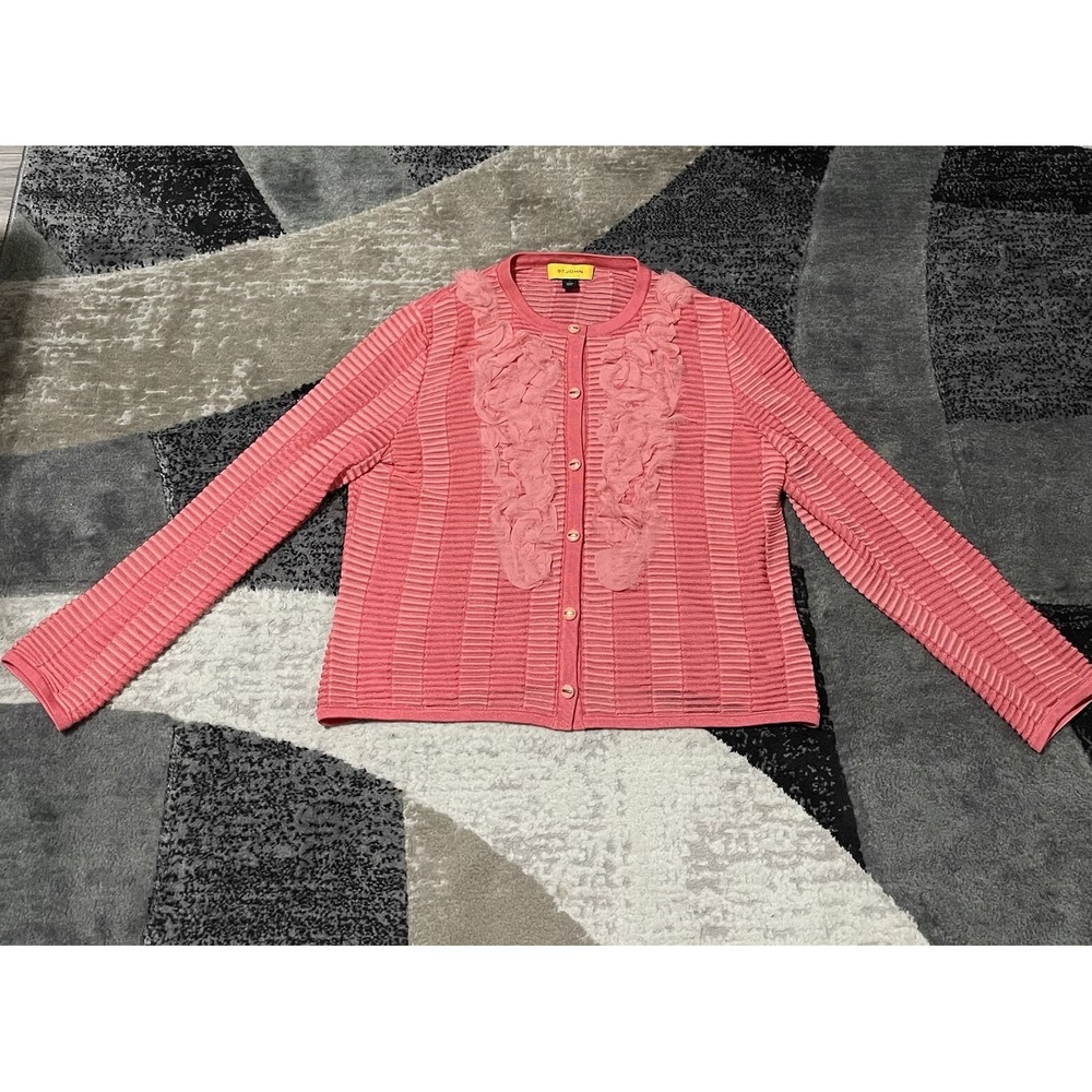 ST. JOHN Sweater Women‎ Large Pink Salmon Ruffle Cardigan Knit Top Button Up